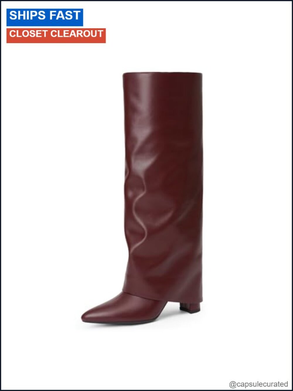Fold Over Knee High Boots Chunky Heel Pointed Toe Women's Wide Calf With Zipper
